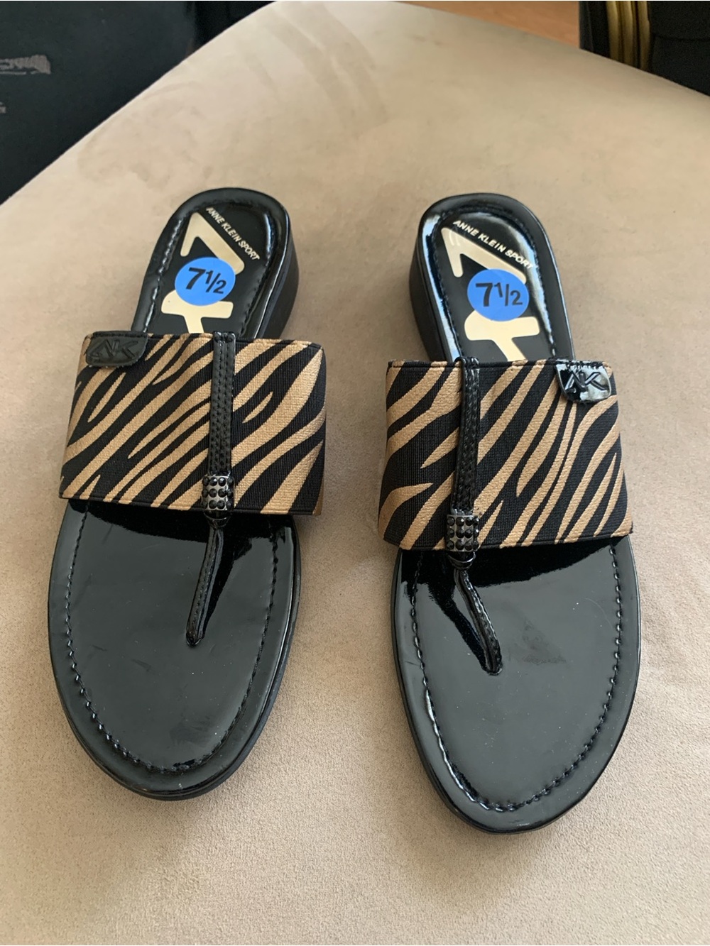 Anne Klein Sport Black Patent Thong Sandals with Golden Zebra-Print Strap